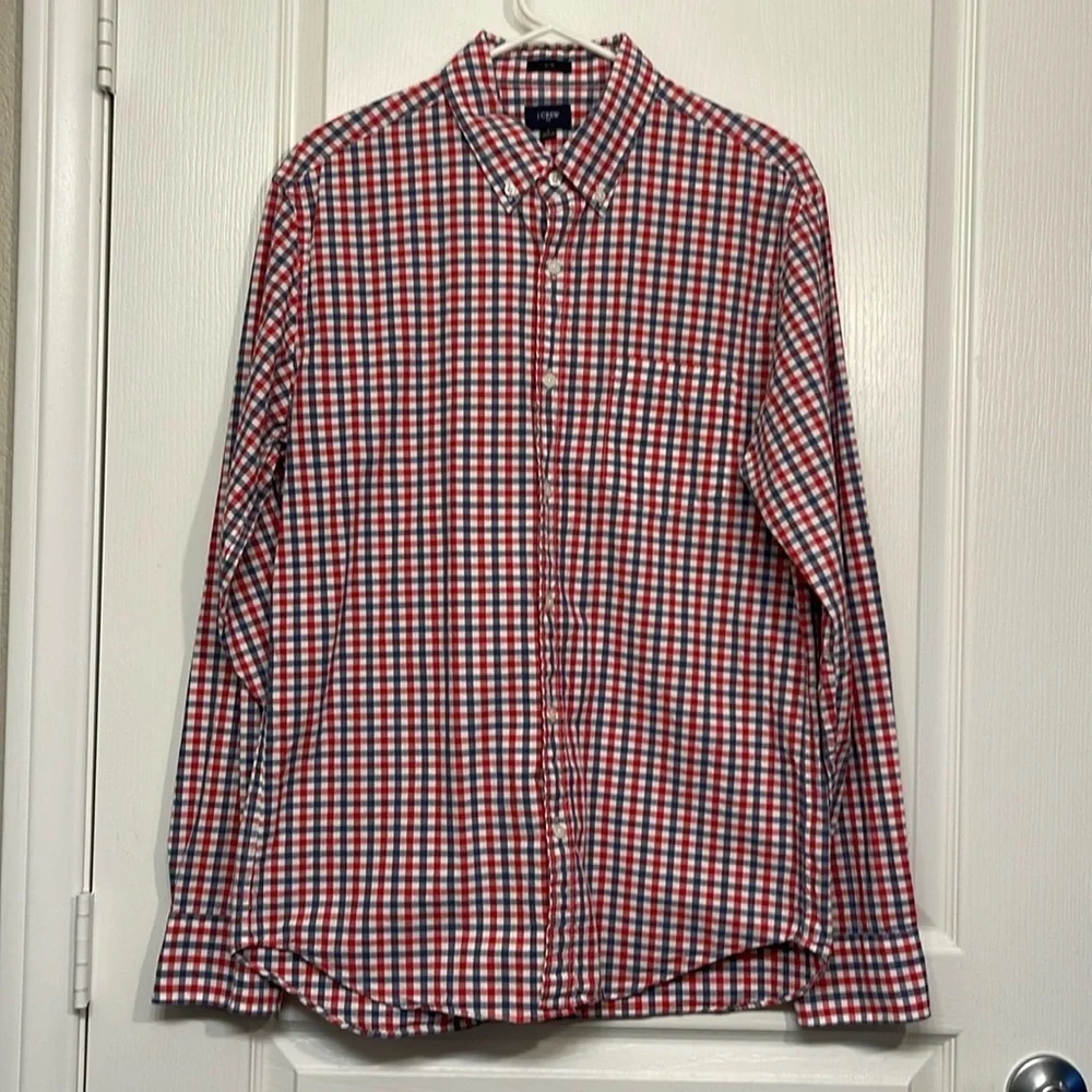 Men's J. Crew Casual Button Down L/S Shirt Red Blue White Slim Fit Size L EUC